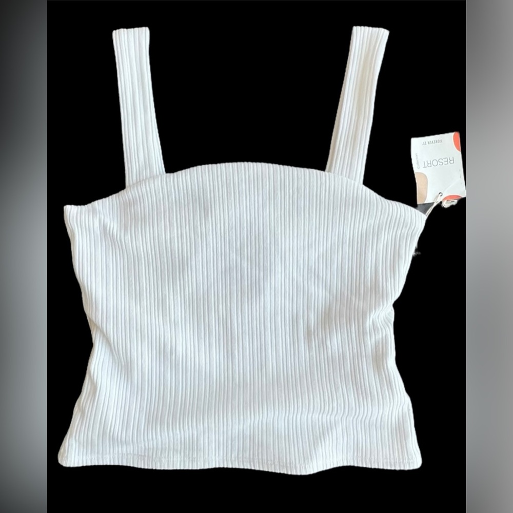 White Ribbed Tank Top Neck Detail Thick Straps Small